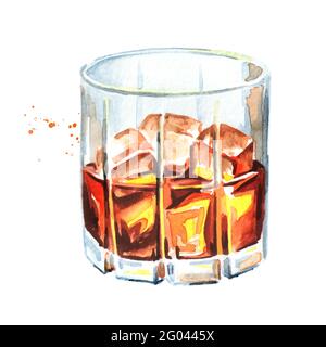 Verre rempli de whisky, de brandy ou de cognac à moitié alcoolisé. Illustration aquarelle dessinée à la main, isolée sur fond blanc Banque D'Images