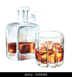 Bouteille et verre remplis de whisky, de brandy ou de cognac à moitié alcoolisés. Illustration aquarelle dessinée à la main, isolée sur fond blanc Banque D'Images