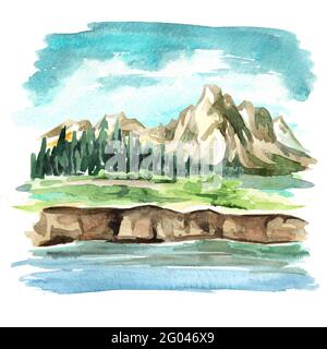 Paysage avec montagnes. Illustration aquarelle dessinée à la main Banque D'Images
