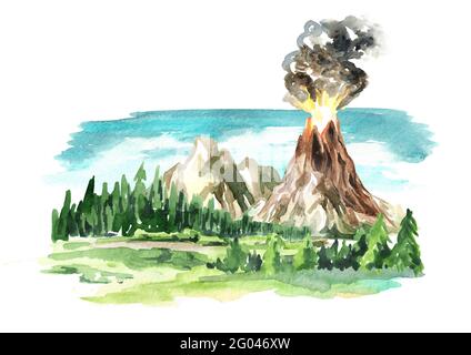 Paysage avec volcan, Aquarelle dessin à la main Banque D'Images