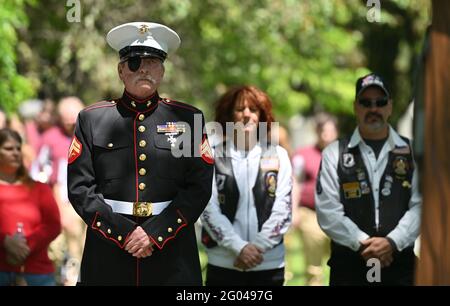 Forty fort, États-Unis. 31 mai 2021. Bénéficiaire Silver Star CPL. John Richards observe un moment de prière lors de la cérémonie du jour du souvenir. UN défilé a lieu de Kingston Pa au cimetière du quarante fort à quarante fort, en Pennsylvanie, pour se souvenir de ceux qui ont passé dans le service militaire. Le Memorial Day a eu lieu après un an de congé en raison de la pandémie de Covid-19. Une cérémonie commémorative a eu lieu au cimetière par la suite. Crédit : SOPA Images Limited/Alamy Live News Banque D'Images