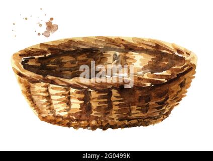 Panier en osier vide. Illustration aquarelle dessinée à la main, isolée sur fond blanc Banque D'Images