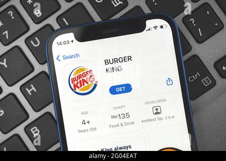 Kharkov, Ukraine - 28 mai 2021 : gros plan de l'icône de l'application Burger King à l'écran Banque D'Images