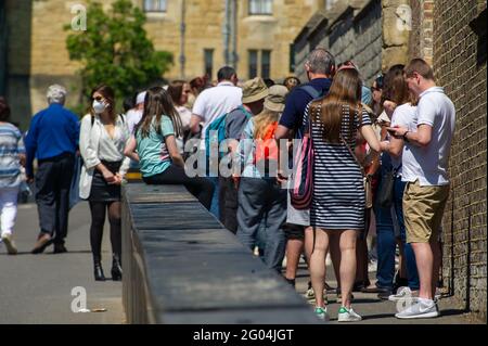 Windsor, Berkshire, Royaume-Uni. 31 mai 2021. Les gens font la queue devant le château de Windsor. Windsor a été bourré de gens du coin et de visiteurs aujourd'hui, alors que le soleil chaud a amené les gens dans la ville pour le Bank Holiday Monday. Suite à la plupart des restrictions de Covid-19, la ville était en plein essor aujourd'hui avec des gens qui mangeaient à l'extérieur, se rendant sur des excursions en rivière et appréciaient du temps avec leurs familles et leurs amis. Crédit : Maureen McLean/Alay Live News Banque D'Images