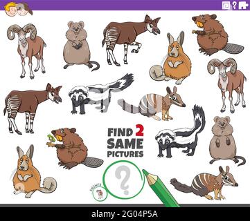 Illustration de dessin animé de trouver deux mêmes images jeu éducatif avec personnages comiques d'animaux sauvages Illustration de Vecteur