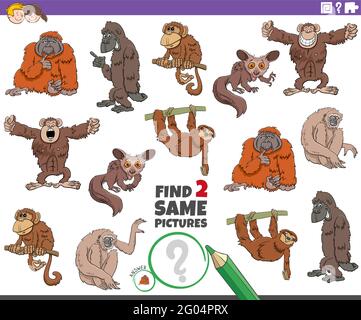 Illustration de dessin animé de trouver deux mêmes images jeu éducatif avec personnages d'animaux sauvages Illustration de Vecteur