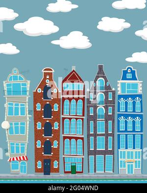 Maisons vectorielles d'amsterdam sur affiche de style rétro ou carte postale. Illustration de Vecteur