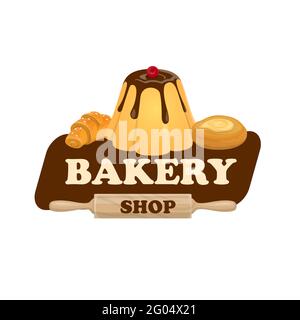 Icône de la boulangerie avec pâtisseries et desserts sucrés, panneau vectoriel. Boulangerie pâtisserie café et confiserie sucrée symbole de cafétéria avec cho Illustration de Vecteur