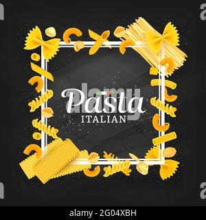 Pâtes, cuisine italienne, couverture ou cadre du menu du restaurant. Cartoon vector farfalle, maccheroni et conchiglie, penne, spaghetti linguine et eliche, lasag Illustration de Vecteur