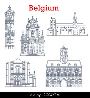 Belgique monuments architecture et bâtiments de Mons, Binche et Bruges, icônes vectorielles. Cathédrales belges célèbres, Saint Waltrude Collegiate et S. Illustration de Vecteur