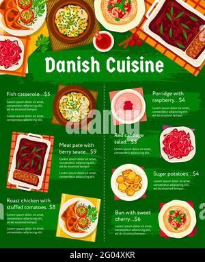 Cuisine danoise menu, plats et repas affiche pour le déjeuner, le dîner et le petit déjeuner. Plats scandinaves du Danemark, cuisine nationale de poisson, porri Illustration de Vecteur