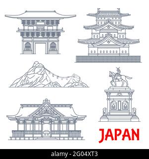 Architecture japonaise, monuments de temples et maisons de sanctuaire du Japon, icônes de bâtiment vectoriel. Japon célèbres monuments religieux du temple Tosho-ji, Osaki Ha Illustration de Vecteur