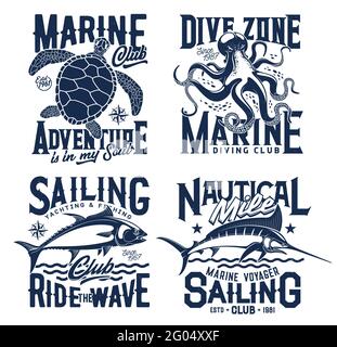 T-shirt marine avec vagues de mer, icônes de vecteur de club océanique. Clubs de plongée, de voile et de navigation de plaisance avec tortues, poulpes et thon, Illustration de Vecteur