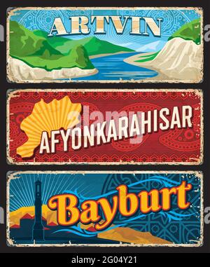 Artvin, Afyonkarahisar, Bayburt il, Turkey provinces plaques ou bannières vintage. Panneaux de destination de voyage à âge vectoriel. Panneaux de grunge rétro, panneau usé Illustration de Vecteur