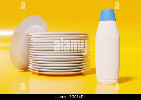 illustration 3d d'une pile de assiettes à dîner blanches identiques avec une bouteille d'ustensiles sur fond jaune clair. Concept de lavage de la vaisselle Banque D'Images