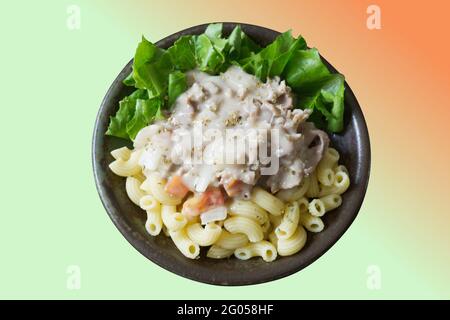 Macaroni sauce crémeuse blanche au porc . Banque D'Images