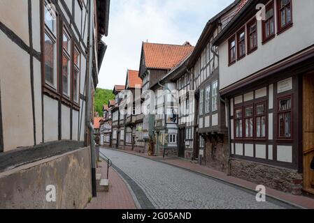 Stolberg, Allemagne. 24 mai 2021. Maisons historiques à colombages dans la vieille ville de Stolberg, dans les montagnes Harz. Credit: Stephan Schulz/dpa-Zentralbild/ZB/dpa/Alay Live News Banque D'Images