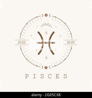 Poissons. Signe de zodiaque dans le style boho. Icône astrologique isolée sur fond blanc. Mystère et ésotérique. Illustration vectorielle du logo Horoscope. Spirituel Illustration de Vecteur