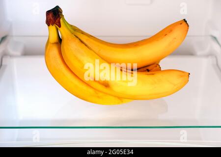 Un bouquet de bananes sur une étagère dans le réfrigérateur. Gros plan. Banque D'Images