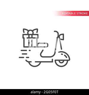 Scooter avec icône de vecteur de ligne de boîte-cadeau. Symbole de livraison rapide, contour modifiable. Illustration de Vecteur