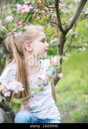 Adorable petite fille assise sur l'arbre en fleurs dans le jardin d'apple Banque D'Images