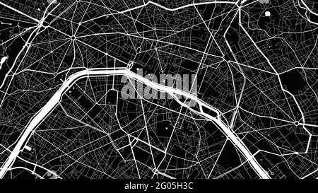 Illustration de la carte d'arrière-plan vectorielle de la ville de Paris en noir et blanc, des rues et de la cartographie de l'eau. Format écran large, design numérique plat streetma Illustration de Vecteur