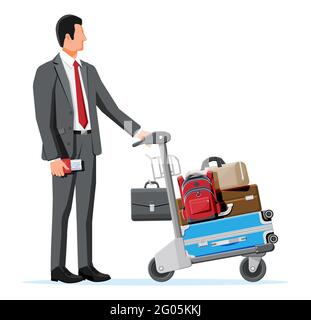Camion à main et homme plein de sacs isolés Illustration de Vecteur