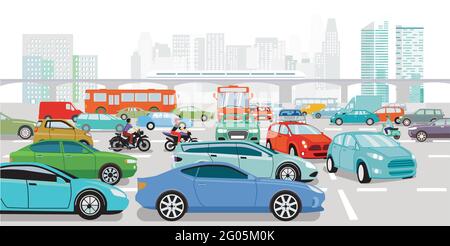 Les voitures à l'intersection dans la circulation se bloquent dans un grande ville Illustration de Vecteur