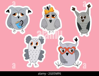 Jolis autocollants hibou en forme de caniche. Illustration vectorielle. Illustration de Vecteur