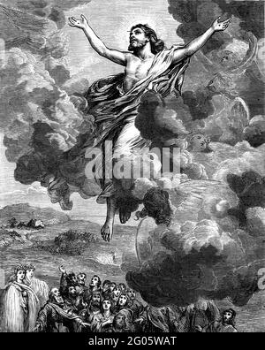 Une illustration gravée de la résurrection de Jésus-Christ Ascension dans le ciel, d'un livre victorien vintage daté de 1881 qui n'est plus dans le cop Banque D'Images