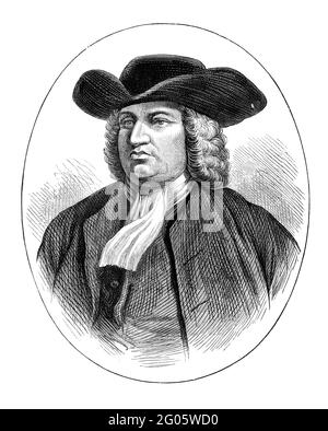 Un portrait d'illustration vintage gravé de William Penn, le fondateur de la province de Pennsylvanie, d'un livre victorien daté de 1883 qui n'est pas un LON Banque D'Images