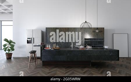 rendu 3d de la magnifique cuisine moderne Banque D'Images