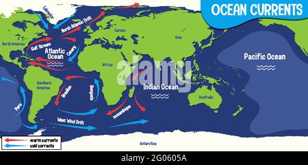 Courants océaniques sur l'illustration d'arrière-plan de la carte du monde Illustration de Vecteur