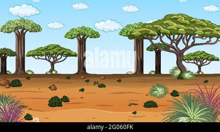 Paysage forestier africain à la scène de jour avec beaucoup de grands arbres illustration Illustration de Vecteur