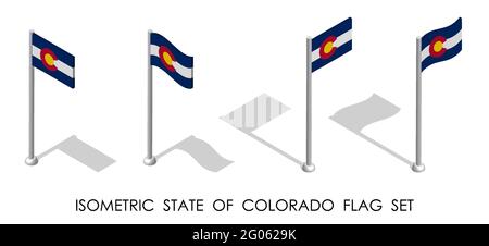 Drapeau isométrique de l'état américain du Colorado en position statique et en mouvement sur le mât. vecteur 3d Illustration de Vecteur