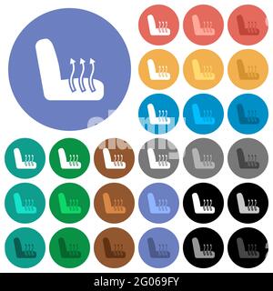 Siège d'auto chauffant multi-couleurs icônes plates sur fond rond. Inclut des variantes d'icônes blanches, claires et sombres pour les effets de survol et d'état actif, un Illustration de Vecteur