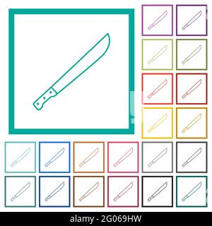 Icônes de couleur plate machete avec cadres quadrants sur fond blanc Illustration de Vecteur