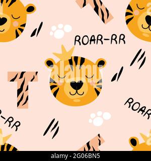 Motif avec un joli tigre sans pinces, pour t-shirts, affiches et imprimés pour enfants. Vecteur Illustration de Vecteur