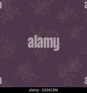 Motif sans couture de feuilles dorées sur fond violet. Illustration vectorielle botanique élégante. Motif fleuri minimaliste pour les textiles, le tissu et le papier peint Illustration de Vecteur