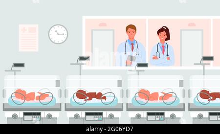 Caricature médecin néonatologiste, heureux parents personnages debout, les gens regardant avec amour à l'arrière-plan de bébé nouveau-né. Service hospitalier avec bébé prématuré Illustration de Vecteur