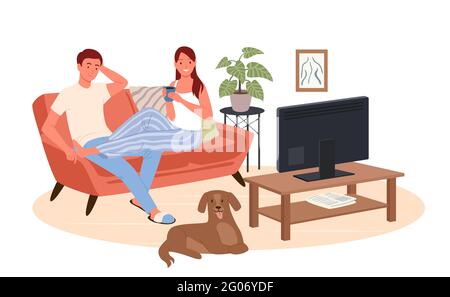 Couple regarder un film tv, un film cinéma sur un confortable canapé maison ensemble, une scène de style de vie Illustration de Vecteur