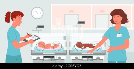 Caricature médecin néonatologiste à l'arrière-plan nouveau-né bébé. Service hospitalier avec des incubateurs de bébé de preterm, concept de prématurité, les infirmières de kinde prennent soin de Illustration de Vecteur