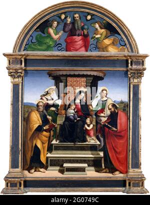 Raphaël. Madonna et l'enfant avec les saints Enthronés par Raffaello Sanzio da Urbino (1483–1520), huile et or sur bois, c. 1504. Banque D'Images