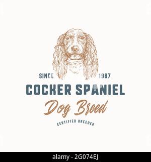 Modèle de badge ou de logo pour chien Breeder. Dessin de la face de la race Cocker à la main avec Typographie rétro. Emblème Premium vintage. Isolé Illustration de Vecteur