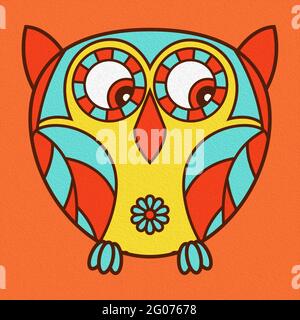 Illustration d'un drôle de dessin animé ovale hibou sur fond orange, fait comme une peinture à l'huile Banque D'Images