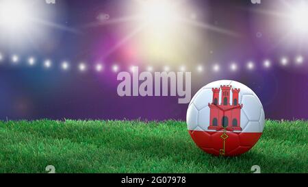 Ballon de football aux couleurs drapeau sur un fond de stade flou et lumineux. Gibraltar. Image 3D Banque D'Images