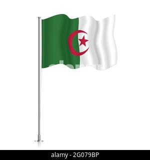 Drapeau algérien agitant sur un poteau métallique. Le drapeau officiel de l'Algérie, isolé sur fond blanc. Illustration de Vecteur