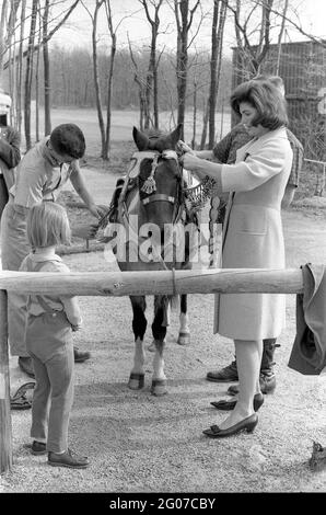 31 mars 1963 week-end au Camp David. La première dame Jacqueline B. Kennedy avec sa fille Caroline et d'autres avec 'Macaroni' en selle marocaine, un don du roi Hassan II, pendant un week-end au Camp David. Banque D'Images
