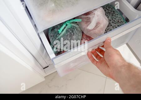 Différentes baies congelées dans des sacs en plastique au réfrigérateur. Stockage des aliments. Aliments surgelés. Congélateur à ouverture manuelle. Emballage en plastique. Banque D'Images