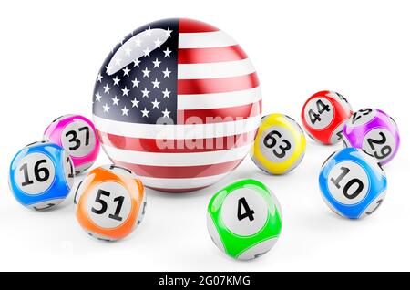 Lotto balles avec le drapeau des États-Unis. Loto in the USA concept, rendu 3D isolé sur fond blanc Banque D'Images
